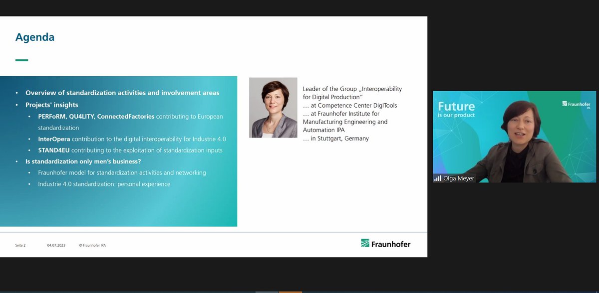 The webinar on Women in ICT Standards took place on the 4th of July. The pictures are from when Olga Meyer from @Fraunhofer_IPA  spoke about the STAND4EU project.🌟

If you missed the webinar, you can download the slides here and watch the recording!💡
standict.eu/events/webinar…