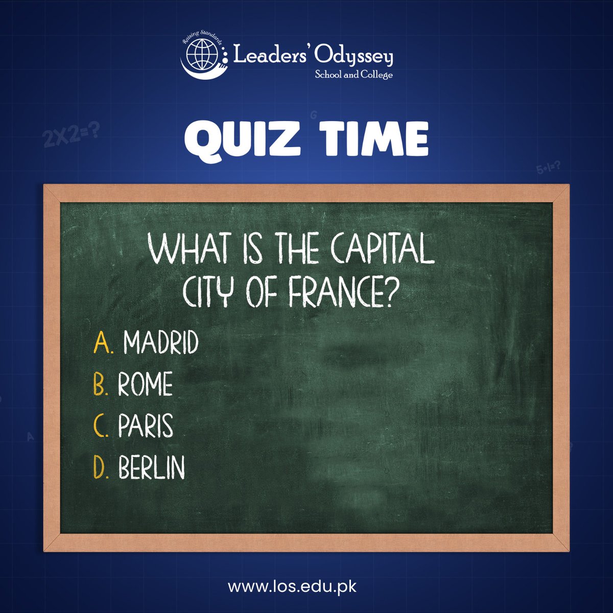 🌍 QUIZ TIME! 🌟

Test your knowledge with this geography question:

🗺️ What is the capital of France? 🇫🇷

A. Madrid B. Rome C. Papis D. Berlin
🤔 Think you know the answer? Comment below!
#QuizTime #GeographyQuiz #CapitalTrivia #TestYourKnowledge #FranceTrivia #GuessTheCapital