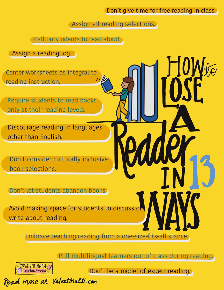 Engaging young readers is no easy feat but turning them off to reading can be accomplished quite quickly. Here are 13 Ways to Lose a Reader. In contrast, the full article offers 13 ways to grow love , joy, & excitement in #reading. valentinaesl.com/articles-for-e… #teachingresources