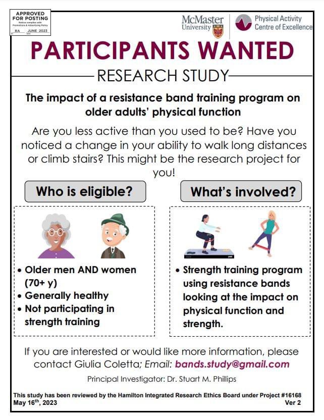McMaster PACE (@mcmaster_pace) on Twitter photo Are you less active than you used to be? Have you noticed a change in your ability to walk long distances or climb stairs? This might be the research project for you!
If interested, contact Giulia Coletta at bands.study@gmail.com
<a href="/mackinprof/">Stuart Phillips (he/him)</a> <a href="/McMasterScience/">McMaster Faculty of Science</a> <a href="/GiuliaLColetta/">Giulia Coletta</a> Are you less active than you used to be? Have you noticed a change in your ability to walk long distances or climb stairs? This might be the research project for you!
If interested, contact Giulia Coletta at bands.study@gmail.com
<a href="/mackinprof/">Stuart Phillips (he/him)</a> <a href="/McMasterScience/">McMaster Faculty of Science</a> <a href="/GiuliaLColetta/">Giulia Coletta</a>