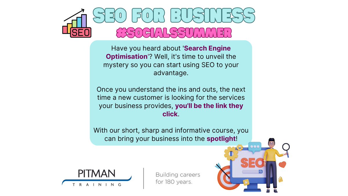 PitmanScot's tweet photo. Are you looking to boost your business' standing in Google/Yahoo/Bing (and so on!) search results? Our #SEO course can help you bring your business into the spotlight!🤩✨ Ask us how today https://t.co/AObLwJ8jIC https://t.co/nLwKdGnMyV