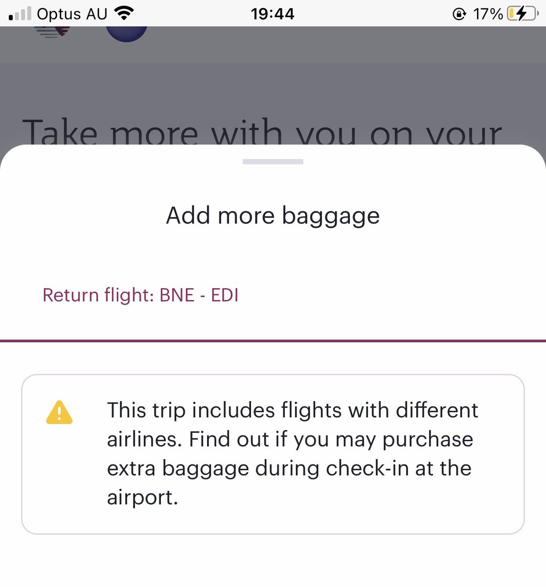 AmyLouWright's tweet photo. Hi @qrsupport I’m trying to book an extra bag for my flight tomorrow but get this message. Can you advise if o will I will be able to purchase at airport pls. https://t.co/X0eocjNlco