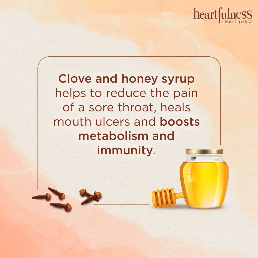heartfulness's tweet photo. Due to their antiviral, antibacterial, and antioxidant properties, clove and honey have been used as a natural cough and cold syrup for generations. This remedy was also shared by Heartfulness guide, Babuji, during his lifetime, and resulted from his extensive discoveries on the workings of the body, mind, and spirit. 

For more information, visit - https://t.co/l5VmR6mZQs

#Heartfulness #Daaji #Babuji #Clove #Honey #Cough #Cold #Flu #Remedy #Syrup