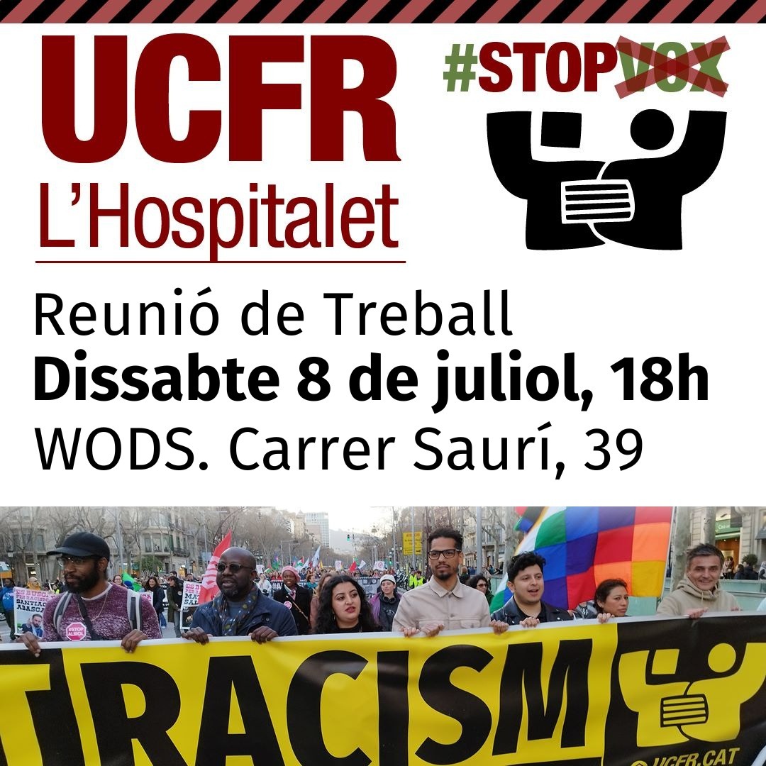 DaniGuevaraLH's tweet photo. Demà a la tarda, @ucfrlhospitalet organitza una reunió de treball per cercar aliances i teixir complicitats amb entitats i veïnes de #LHospitalet
Farem front als discursos d'odi a la ciutat i arreu!
#StopVOX #STOPidentitaris https://t.co/yNEHL7Nqnr