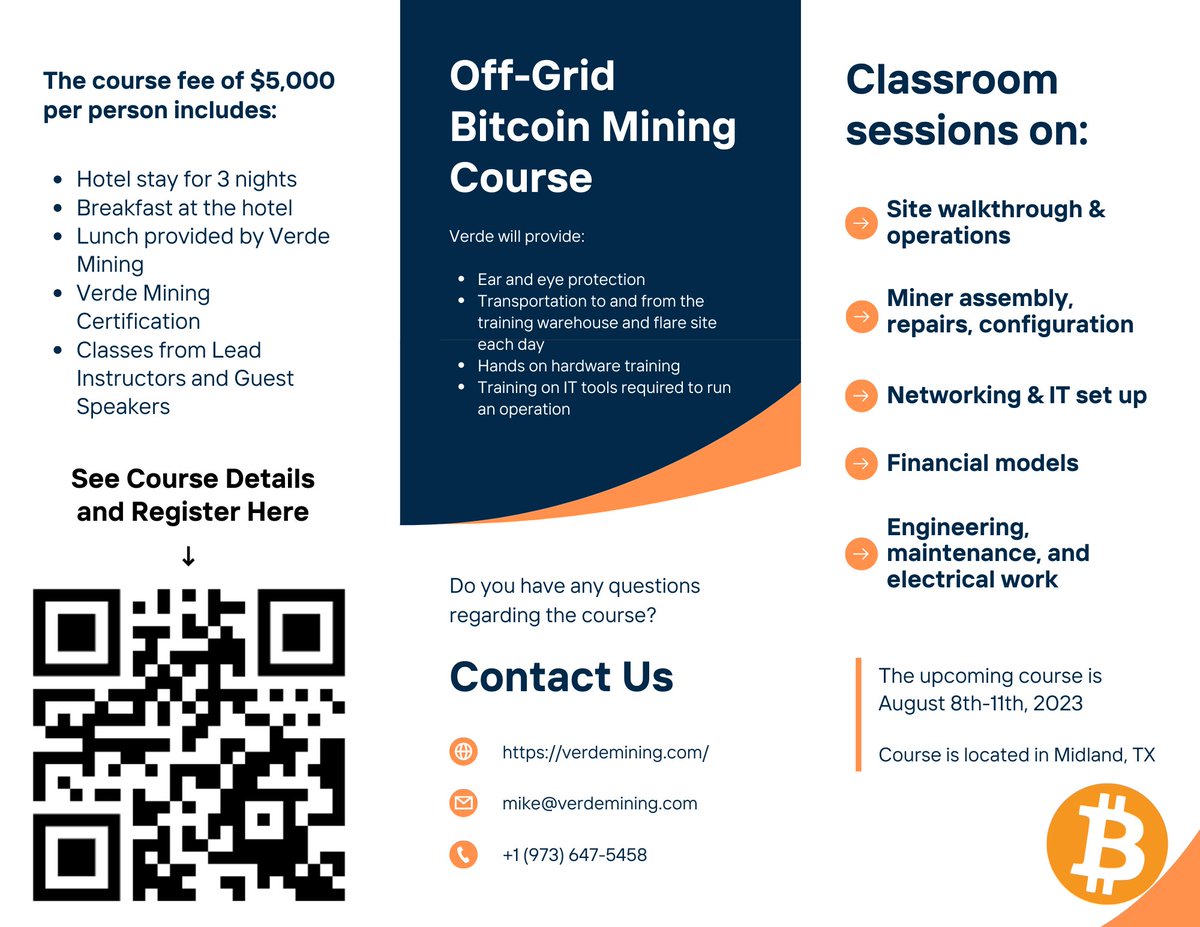verdemining's tweet photo. We are excited to offer our training for folks interested in mining Off-Grid.
This class will be offered each month starting this August.
If you have questions or comments please scan the barcode.
#bitcoin #stranded #flaredgas https://t.co/KnwJ4bz3Es