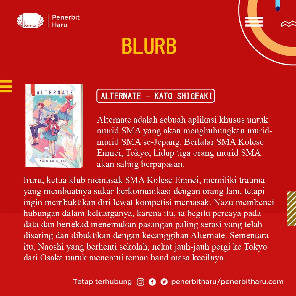 penerbitharu's tweet photo. Hari ini, tanggal 7 bulan 7, Miru resmi mengumumkan bahwa Alternate akan segera terbit. 

Special offer akan dibuka pada 29 Juli 2023.

Dan ini adalah sampul terpilih, beserta blurb Alternate 😁. https://t.co/G71zoAHUTU
