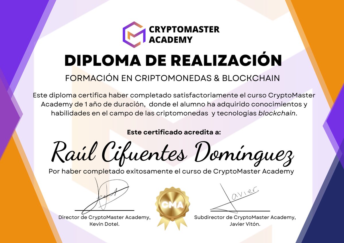 Raul_Cifuentes_'s tweet image. ✅ Un año muy intenso de mucho esfuerzo y sacrificios , pero que sin ninguna duda ha merecido la muchísimo la pena💪 . Dar las gracias al director de la academia Arnau Ramió y especialmente a dos grandes maestros y cracks: Kevin y Javier 🙏

#criptomonedas #criptoinversion #cript