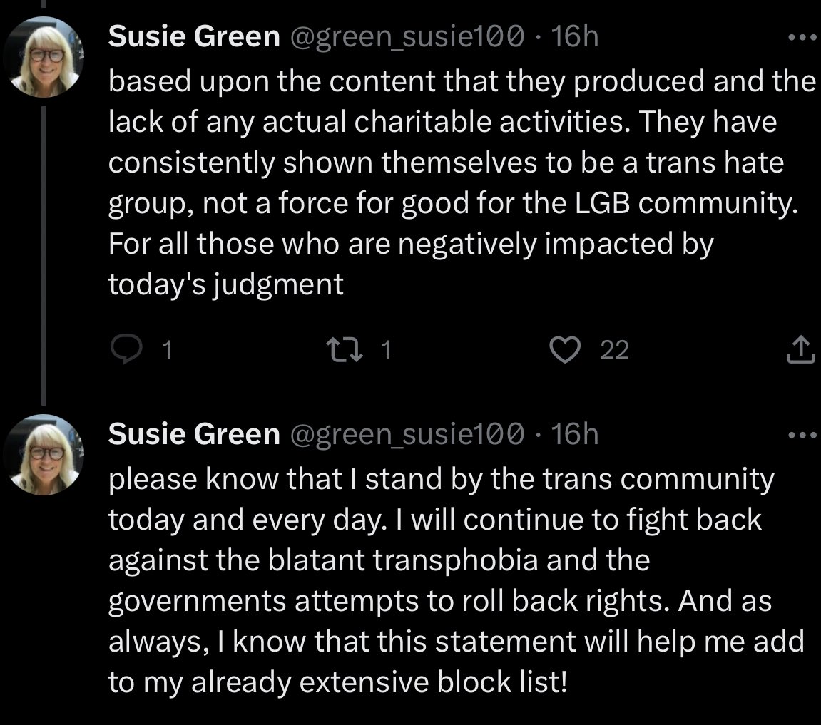 Susie Green &amp; her husband didn’t want a gay son - they took him to Asia to be castrated…

Susie thought she could deal with her guilt by coming for the rest of us gays by shutting down LGB Alliance..

How did that work out for you @green_susie100?

You’re a homophobic monster!