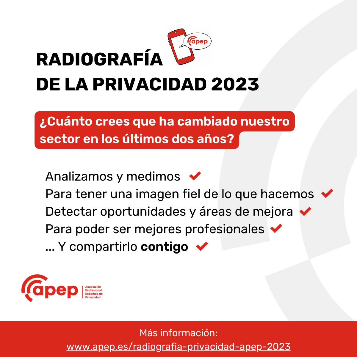 AEPD_es's tweet photo. ✅Animamos a los #DPD y a los profesionales de la privacidad a participar en la encuesta ‘Radiografía de Privacidad APEP 2023’ realizada por @AsociacionAPEP y en la que hemos colaborado.

El objetivo es poder desarrollar mejores iniciativas y actividades:
https://t.co/4FIaMzKBYJ https://t.co/AGjZZ8SYhK