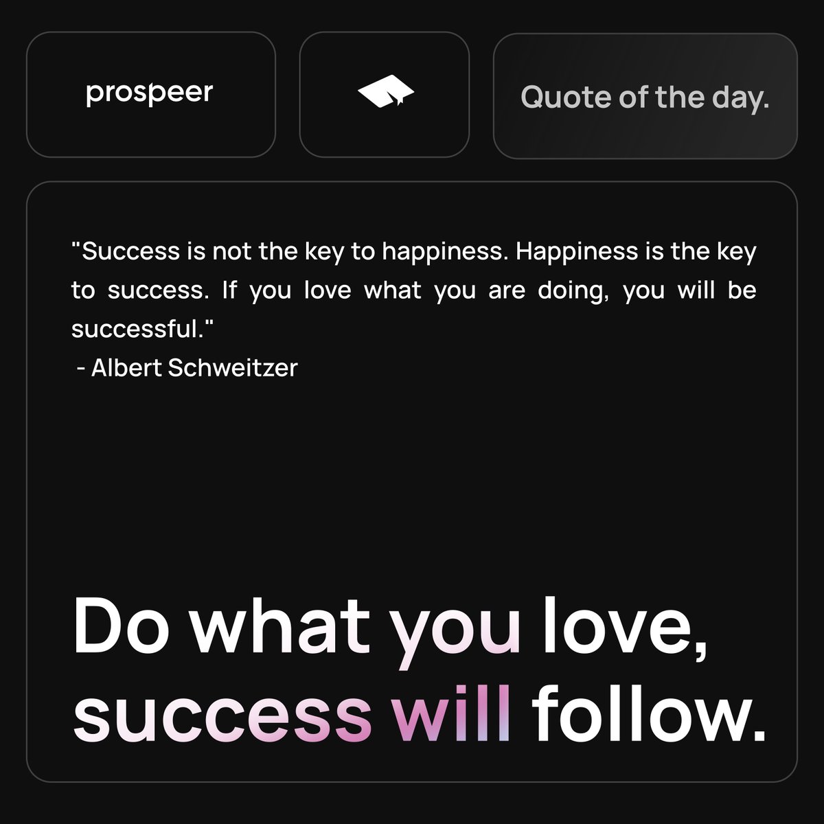 prospeer_ai's tweet photo. Finding true success starts with embracing happiness as your compass.  💫❤️

#SuccessJourney #QuoteoftheDay #AlbertSchweitzerQuotes #StayPositive https://t.co/1g9XIJMIls