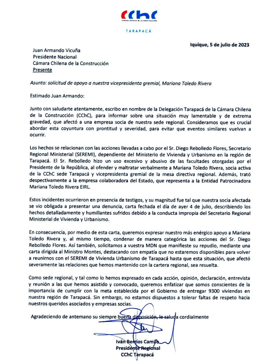 Grave denuncia de agresión y abuso de poder de Seremi <a href="/minvutarapaca/">Minvu Tarapacá</a> @drebolledo_ en contra de usuaria y Dirigenta de la Construcción.  Ya se realizó denuncia ante <a href="/FiscaliaIRegion/">Fiscalía Tarapacá</a> pero de este gobierno supuestamente feminista esperamos tb. acciones <a href="/MinMujeryEG/">Ministerio de la Mujer y la Equidad de Género</a> y <a href="/totiorellanag/">Antonia Orellana (ella/she)</a>