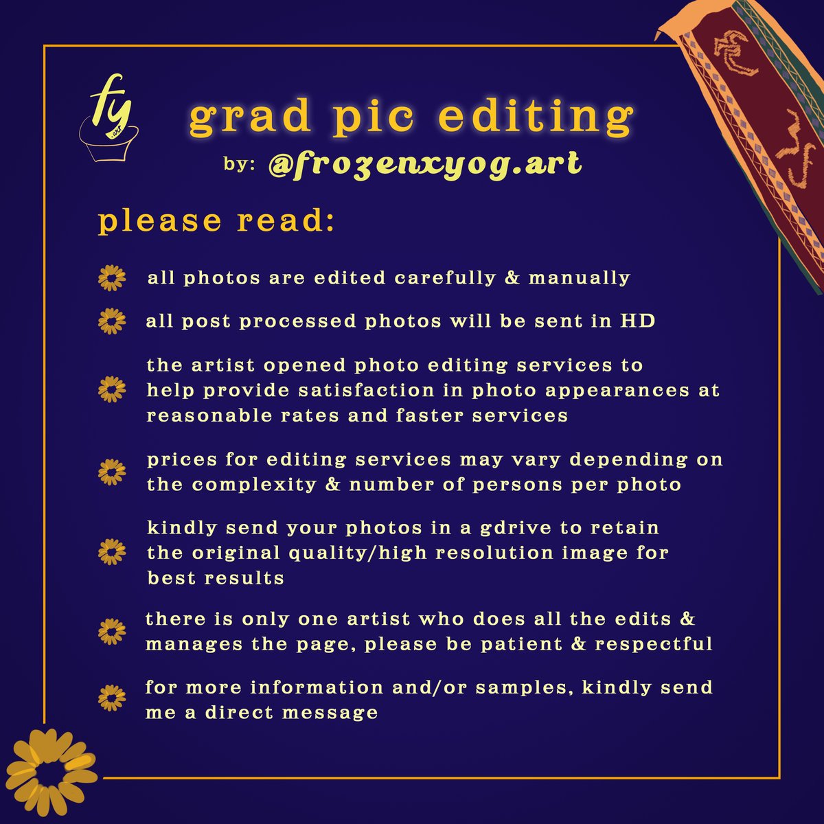 corndags's tweet photo. - photos are manually & carefully edited
- we still have instax printing under @instax2019s
- good reviews
- read the last photo for more info
- gradpics from other schools are welcome!
thank u guys pls do help like & rt <33
#gradpicedit #photoeditingph #vectorartph #lineart https://t.co/28y3kHjfj8