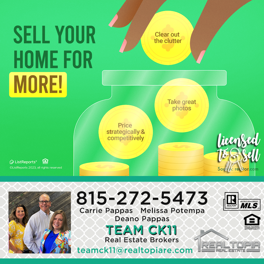 Ck11Team's tweet photo. Sell your home for MORE! Call Carrie Pappas and her TEAM CK11 - Realtopia Real Estate to make Real Estate less complicated. 815-272-5473 #teamck11 #realtopia #happyhoming #sellwithteamck11 #lemontrealestate #lockportrealestate #newlenoxrealestate #homerglenrealestate https://t.co/qNHlibiC5L