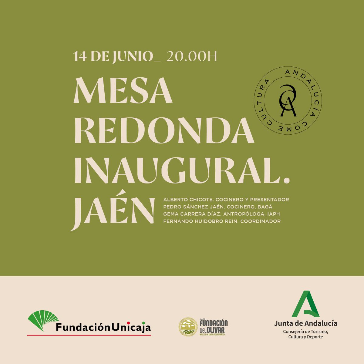 Mesa redonda inaugural del Programa Andaluz de Cultura Gastronómica - Andalucía come Cultura. 
Un proyecto patrocinado por <a href="/FundUnicaja/">Fundación Unicaja</a>  y la colaboración de <a href="/TurismoAND/">Consejería de Turismo y Andalucía Exterior</a> y <a href="/FundacionOlivar/">Fundación del Olivar</a> 

Vídeo completo en youtu.be/PeBFGSfcfv0

#gastronomia #andalucia 
#andaluciacomecultura