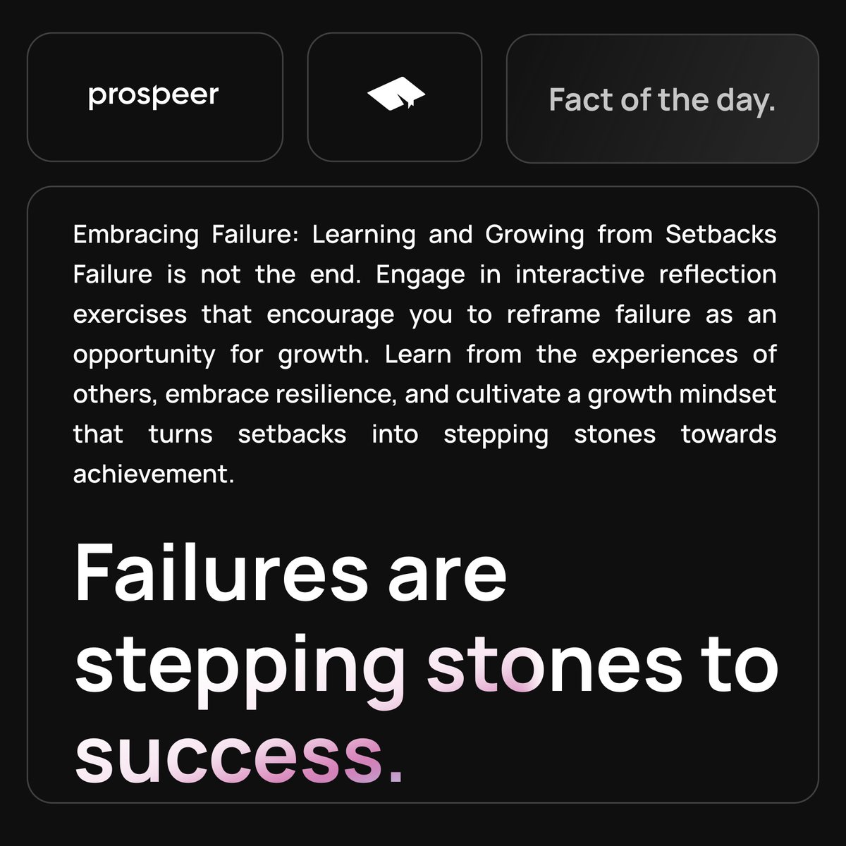 prospeer_ai's tweet photo. Transforming setbacks into stepping stones is the key to achieving greatness. Embrace failure as an opportunity to learn, grow, and become even stronger. 💪🌟

#FailureToSuccess #LearnAndGrow #SteppingStones #TipoftheDay https://t.co/gtFpJ8rcpP