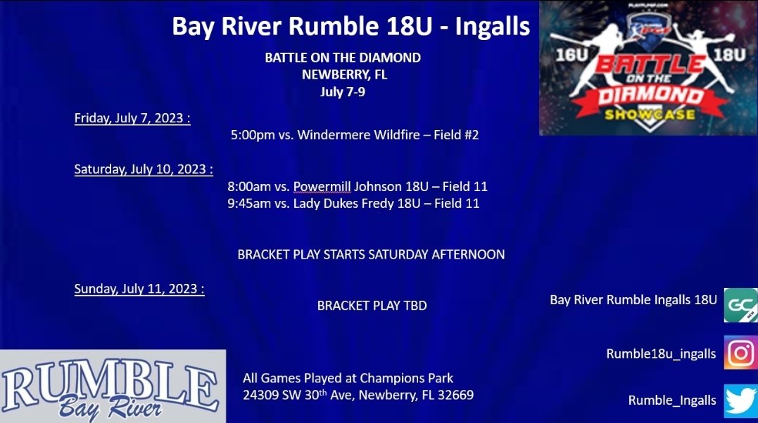 Excited and ready for the Battle on the Diamond in Newberry, FL!!!! First game tonight at 5pm!! #battleonthediamond #pgfsoftball #championspark #rumblegirlsrock