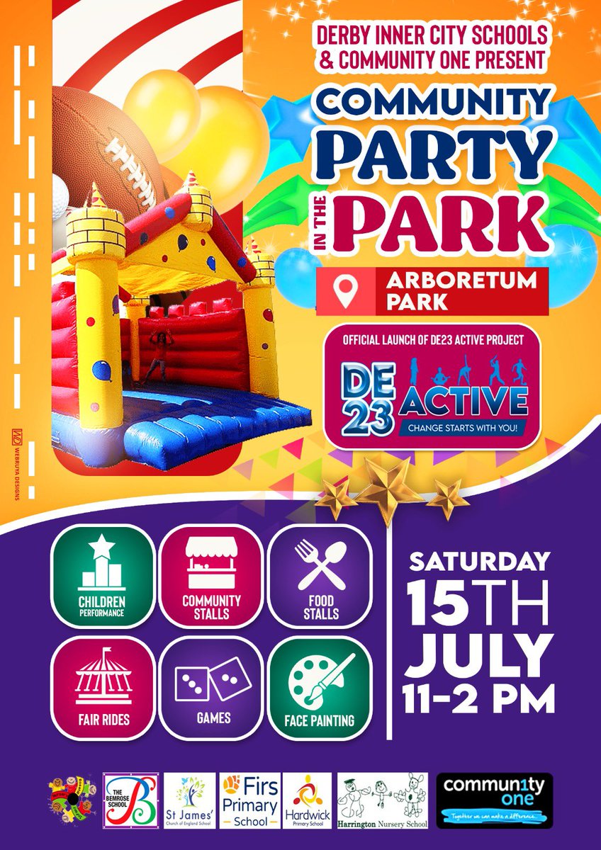 communityone1's tweet photo. Derby Inner City Schools &amp; Community One Present….
COMMUNITY PARTY IN THE PARK 🎉

We have children’s performances, community stalls, fair rides, games and many more exciting activities, so i look forward to seeing you all down there. 🥰 https://t.co/bscrnXnmm2