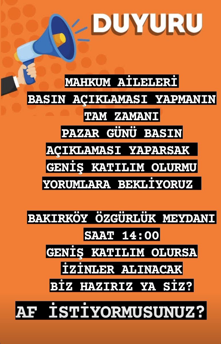 AdliMahkum AffaReferans
#GenelAf diya haykıran adli mahkum aileleri toplanıyoruz ! Pazar Özgürlük meydanı saat 14:00 İstanbul