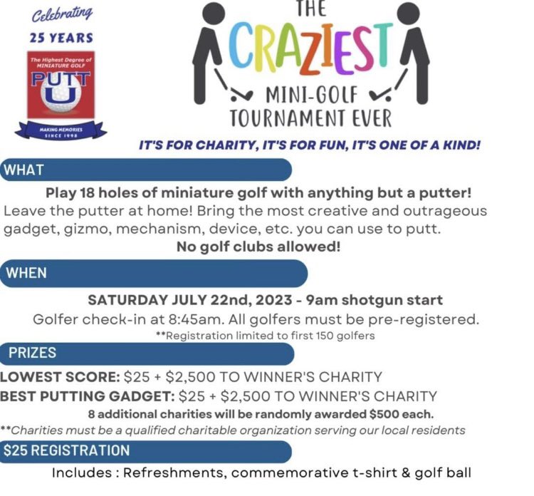 PuttUMiniGolf's tweet photo. We’re celebrating 25 years of Putt U with The Craziest Mini-Golf Tournament Ever! NO PUTTERS ALLOWED; play 18 holes with anything BUT a golf club. $10,000 to Lehigh Valley charities. 
Saturday July 22nd, 9am. Sign up today! https://t.co/C9VymMRH9H