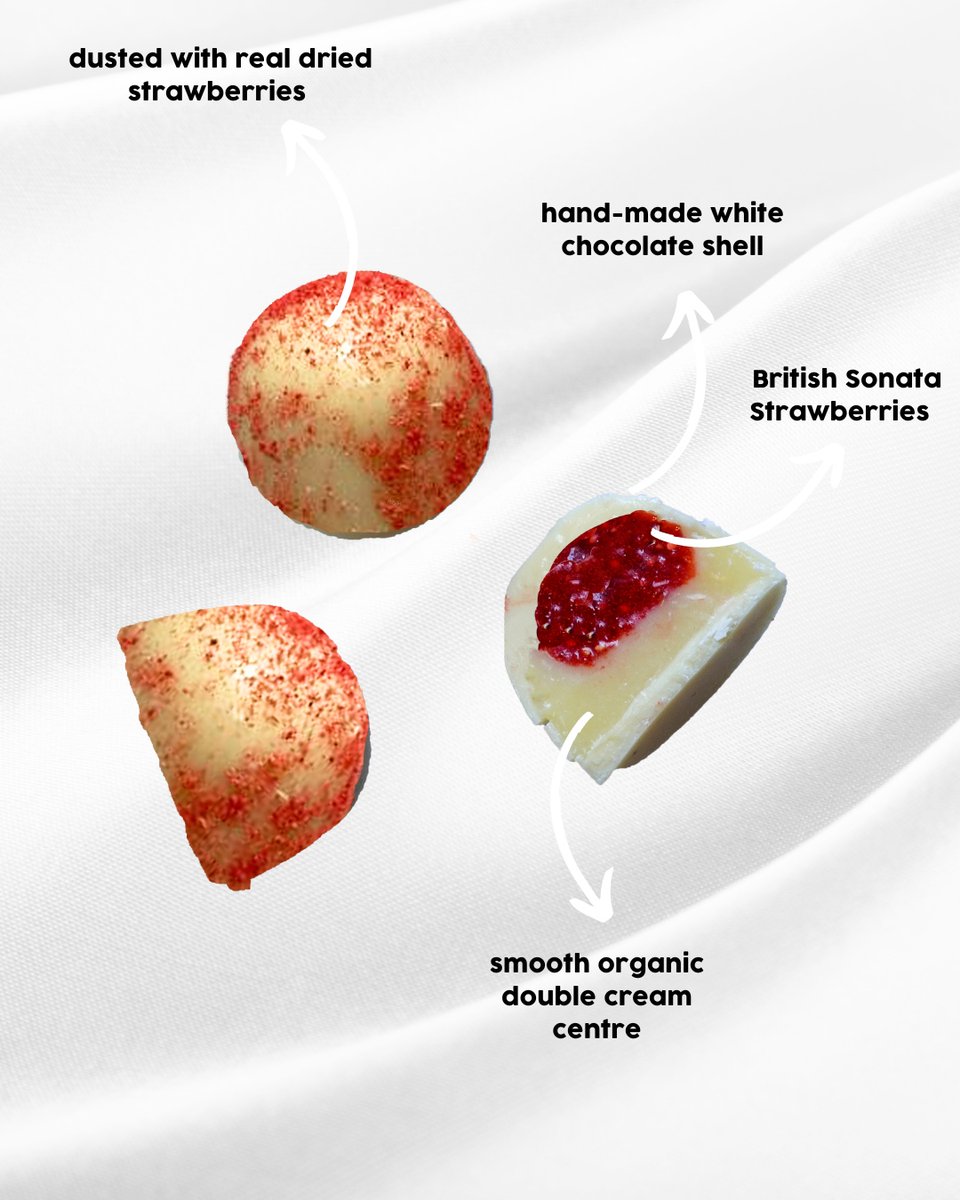 STRAWBERRIES AND CREAM -  MICRO-BATCH 🍓🎾🍨

These dreamy summer chocolates are our very first white chocolate creations, dusted with real dried strawberries and filled inside with British Sonata Strawberries and a smooth organic double cream centre. 

Only 100 packs available.