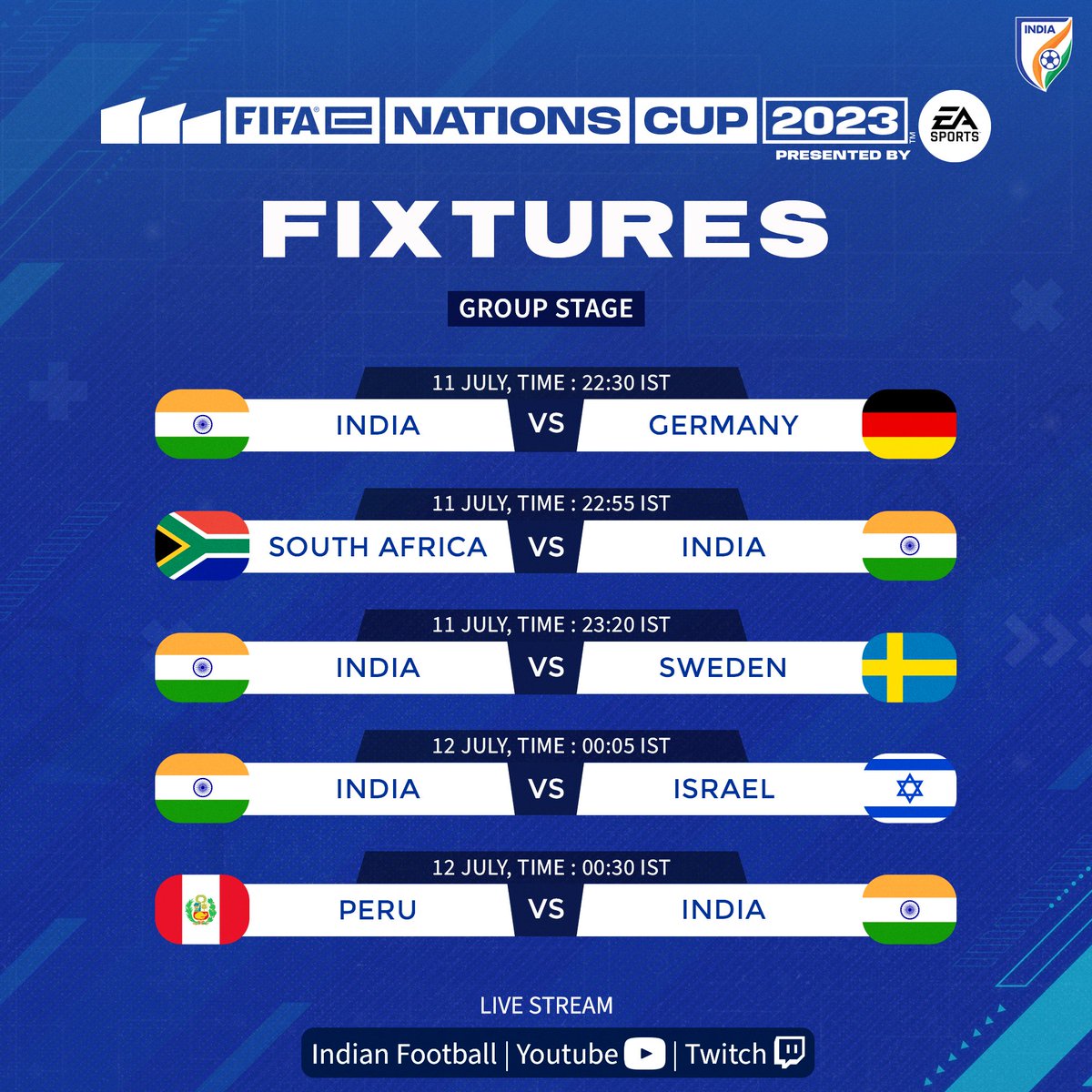 IndianFootball's tweet photo. Just 4️⃣ days to go for the @FIFAe Nations Cup 2023 in Riyadh 🏆🤩

Check out 🇮🇳's group-stage fixtures 📆

💻📱 Watch LIVE on #IndianFootball YouTube and Twitch

#FeNC 🏆 #FIFAe #eFootball 🎮 #FameYourGame #eTigers 🐯 https://t.co/g6zCaWU75g