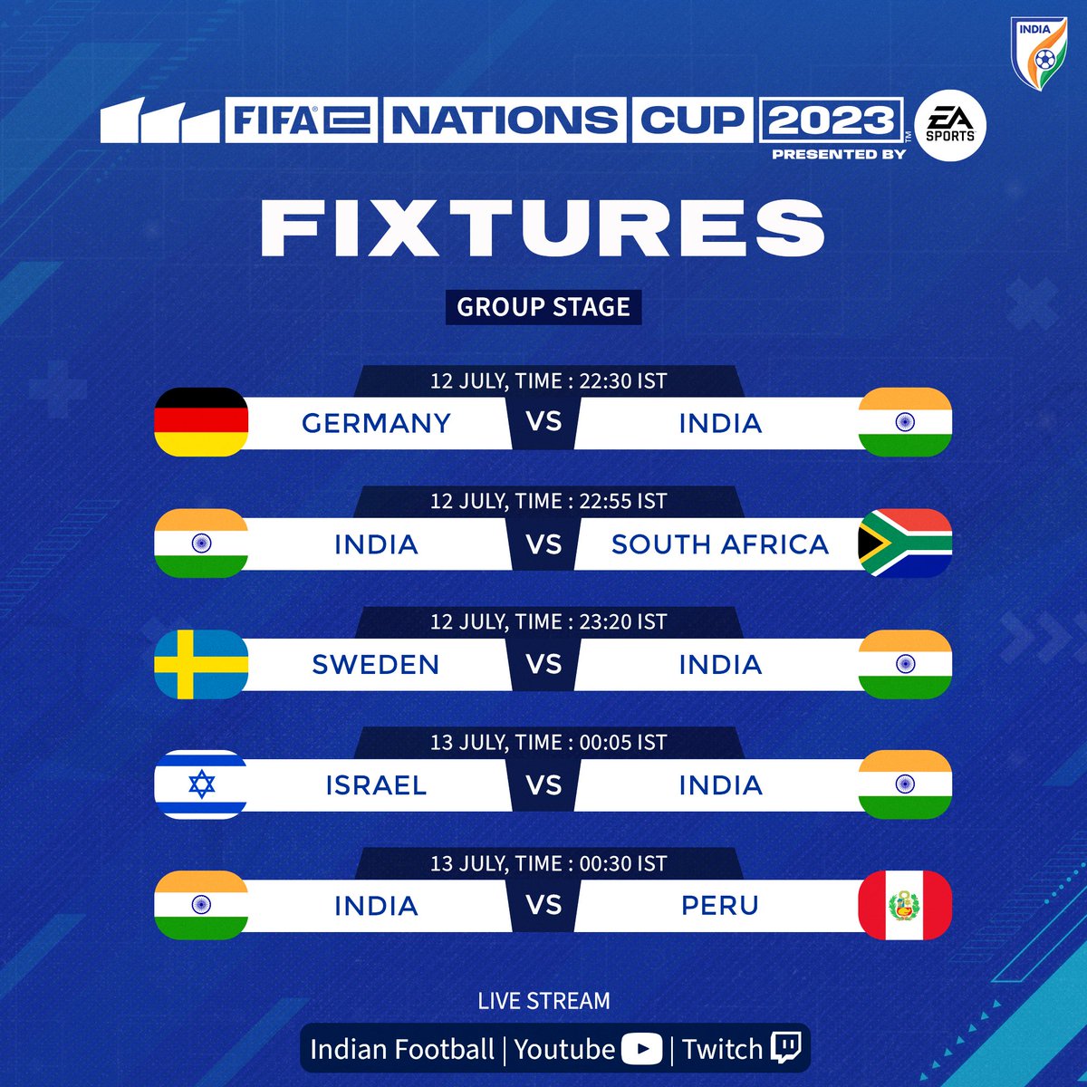 IndianFootball's tweet photo. Just 4️⃣ days to go for the @FIFAe Nations Cup 2023 in Riyadh 🏆🤩

Check out 🇮🇳's group-stage fixtures 📆

💻📱 Watch LIVE on #IndianFootball YouTube and Twitch

#FeNC 🏆 #FIFAe #eFootball 🎮 #FameYourGame #eTigers 🐯 https://t.co/g6zCaWU75g