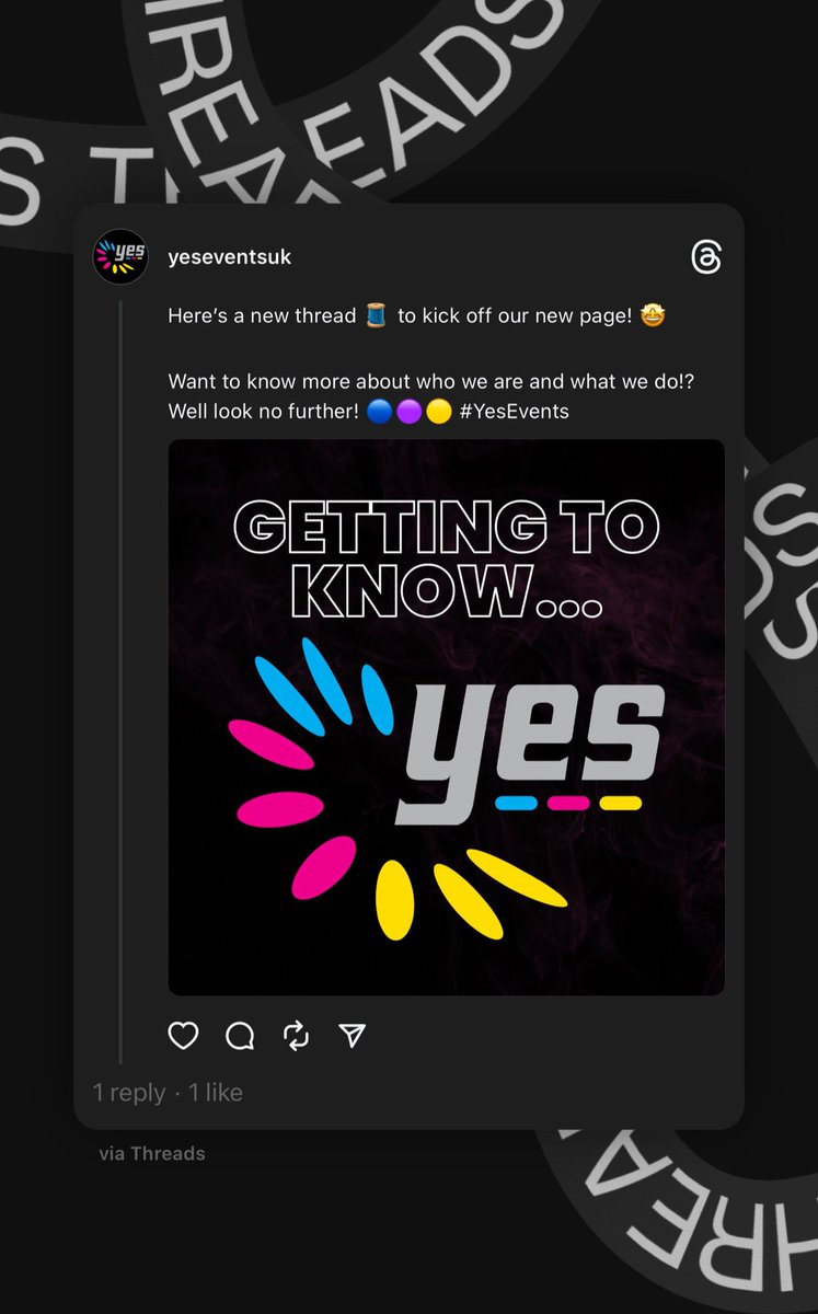 Well it seemed rude not to jump on and try Threads right?

Our page is now live! #YesEvents #Threads