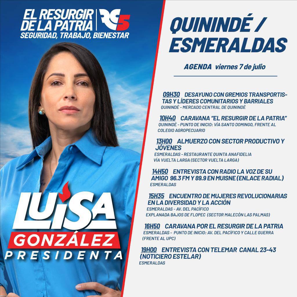 quininde5's tweet image. Bienvenida a nuestra provincia querida compañera Presidenta @LuisaGonzalezEc!!
#ElPoderRegresaAlPueblo vota todo 💙🖐️5