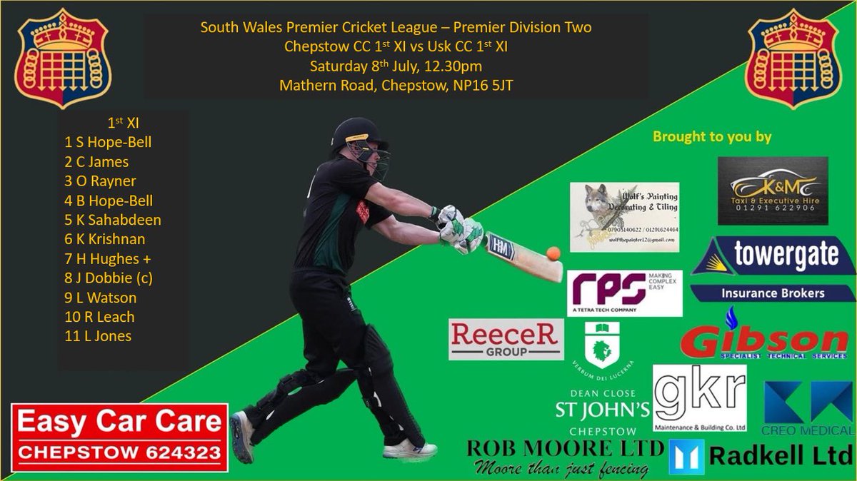 ChepstowCricket's tweet photo. Teams for Saturdays league fixtures:

The 1st XI host @UskCC1857 at Mathern road
The 2nd XI travel to @BridgendTownCC 
The 3rd XI host @FriendsUnion2 at Francis Field

Good luck to all involved! https://t.co/ajWDlMCcyF