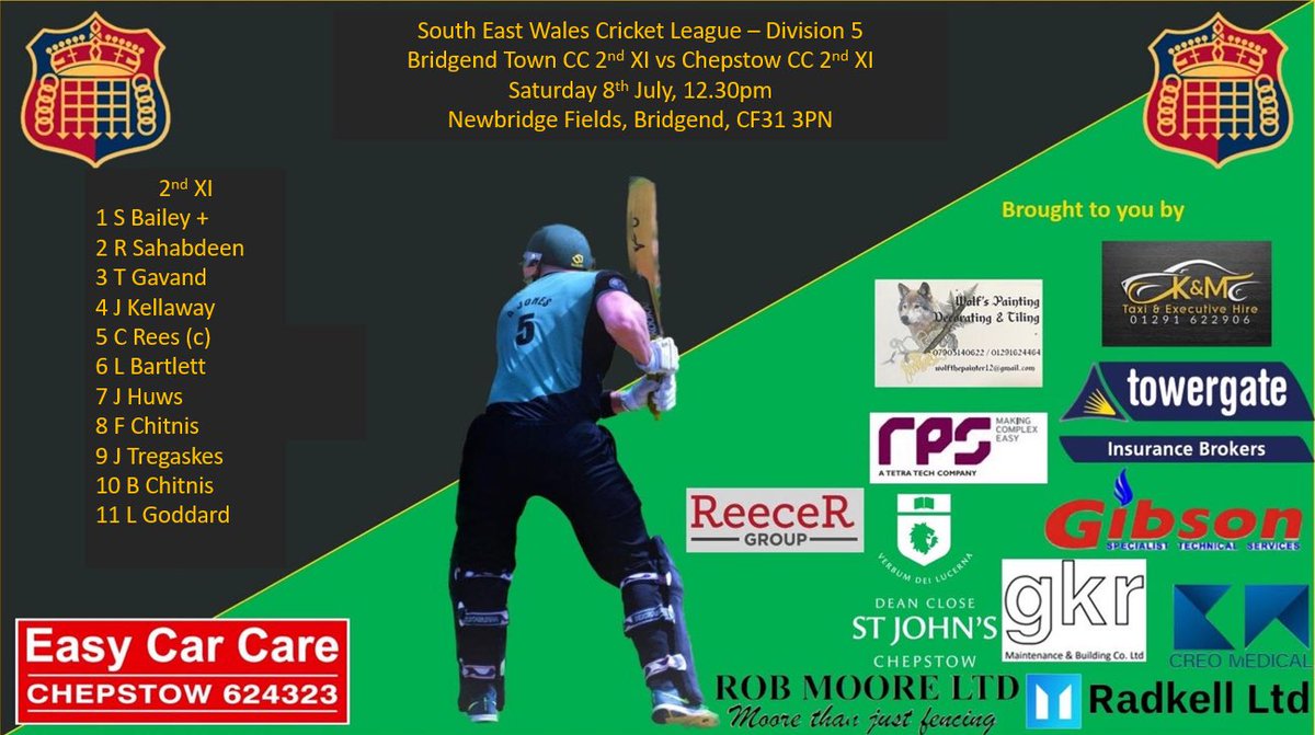 ChepstowCricket's tweet photo. Teams for Saturdays league fixtures:

The 1st XI host @UskCC1857 at Mathern road
The 2nd XI travel to @BridgendTownCC 
The 3rd XI host @FriendsUnion2 at Francis Field

Good luck to all involved! https://t.co/ajWDlMCcyF
