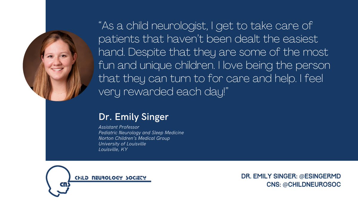 Child Neurology Society (@childneurosoc) on Twitter photo #CNSMeetOurMembers Spotlight:
Dr. Emily Singer (<a href="/esingermd/">emily singer</a>)
Dr. Singer is Assistant Professor in Neurology at University of Louisville & Norton Children’s Medical Group
She sub-specializes in #SleepMedicine
🧵 #CNSMeetOurMembers Spotlight:
Dr. Emily Singer (<a href="/esingermd/">emily singer</a>)
Dr. Singer is Assistant Professor in Neurology at University of Louisville & Norton Children’s Medical Group
She sub-specializes in #SleepMedicine
🧵