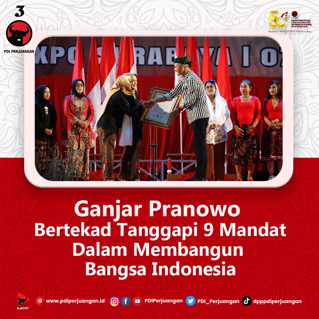 PDI_Perjuangan's tweet photo. Puluhan Ribu Emak Jatim Berkumpul Titipkan 9 Mandat Pada Ganjar
 
Puluhan ribu emak-emak di Jawa Timur berkumpul di Gedung Jatim Expo, Jalan Ahmad Yani Kota Surabaya, Jumat (7/7/2023). Untuk memperjuangkan hak perempuan Indonesia melalui jalur politik. 
 
Ganjar Pranowo Bertekad Tanggapi 9 Mandat Dalam Membangun Bangsa Indonesia

Ganjar Pranowo menegaskan dirinya sepakat dengan sembilan mandat yang disampaikan emak-emak Jatim kepadanya. Menurutnya, sudah semestinya perempuan mendapatkan ruang yang sama untuk membantu pembangunan bangsa.
 
Ganjar Pranowo Apresiasi Puluhan Ribu Kaum Perempuan yang Terlibat Sampaikan Aspirasi untuk Kemajuan Bangsa
 
Ganjar Pranowo mengapresiasi perempuan Jatim yang selama ini telah terlibat aktif menyampaikan masukan kepada negara.

#PDIPerjuangan
#50tahunPDIP
#bangunlahjiwadanbadannya
#SolidBergerak
#MEnangkanGAnjar
