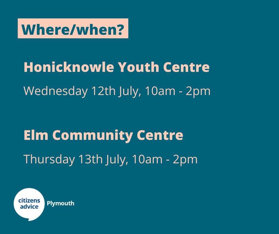 PlymouthCAB's tweet photo. Need #advice on #benefits, #budgeting, #debts or #IncomeMaximisation?

Here's where you can find us in #Plymouth next week

📆 Wed 12th July, 10am - 2pm
📍 #Honicknowle Youth Centre, PL5 3PX

📆Thurs 13th July, 10am - 2pm
📍 ELM Community Centre, PL6 8UE

#Estover #FreeAdvice https://t.co/Qw5IOciNpH