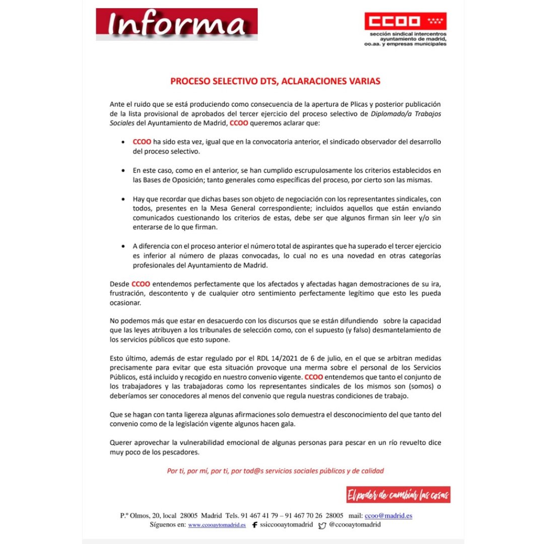 Así defiende CCOO el empleo público de calidad

Recordemos que CCOO ha formado parte de la mesa del Tribunal

Compañeros y compañeras de <a href="/CCOO/">Comisiones Obreras</a> así no. Y mucho menos con el aire de prepotencia y superioridad que desprende el texto.
<a href="/cgtrabajosocial/">CGTrabajoSocial</a>
<a href="/UGTMadrid/">UGT Madrid</a>
#Nosquiereninterinas