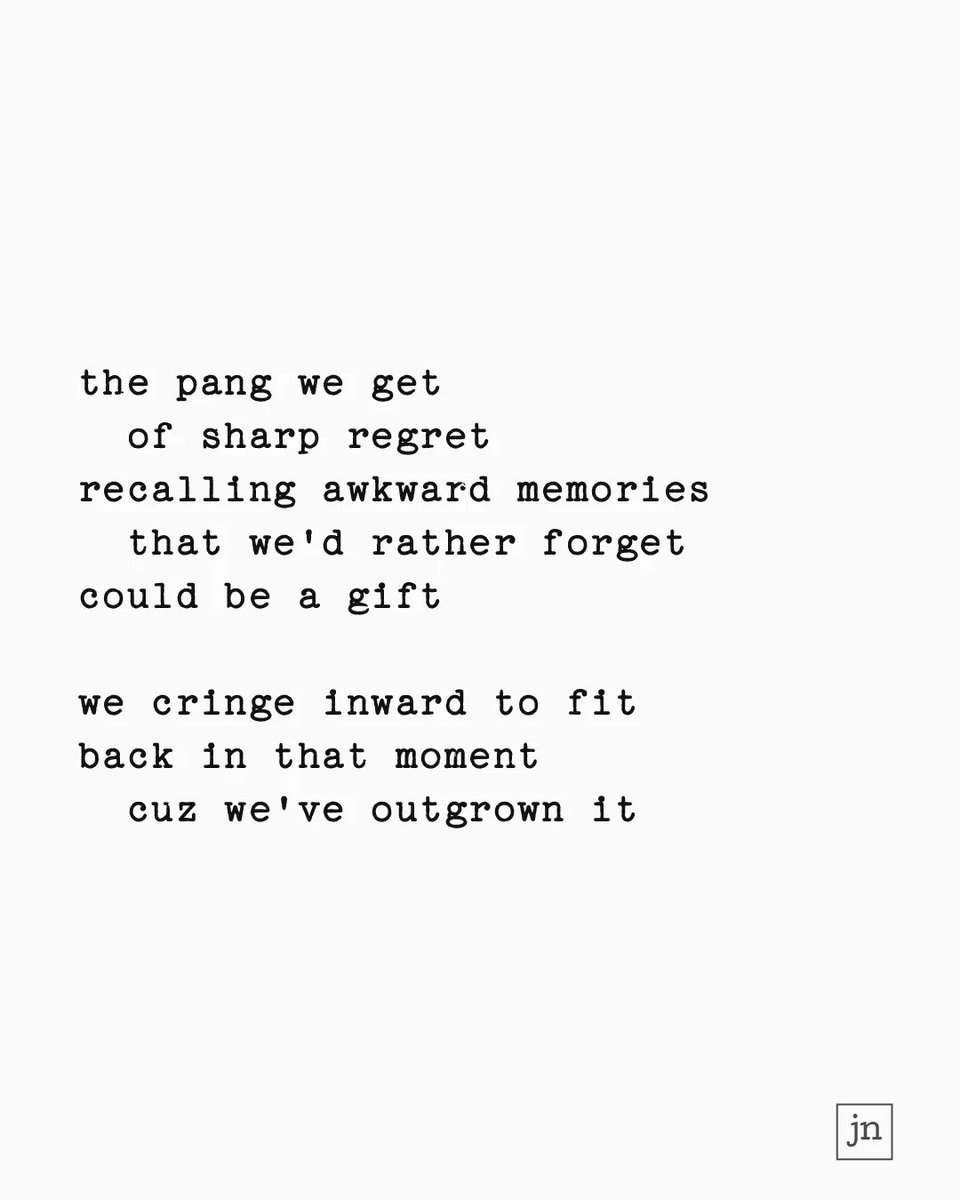 JonathansNotes's tweet photo. 7-7: growth (Gratitude 9 of 9)

the pang we get
  of sharp regret
recalling awkward memories
  that we'd rather forget
could be a gift

we cringe inward to fit
back in that moment
  cuz we've outgrown it
---
#micropoetry #poetry #poem #poetrycommunity #gratitude https://t.co/sgPUio4Qw8