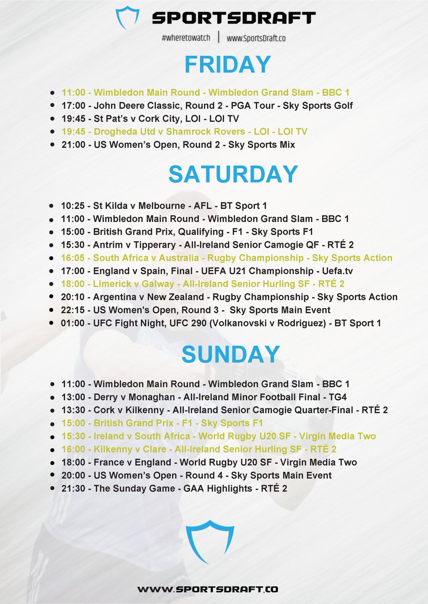 WheresTheScore's tweet photo. Here’s your weekends 𝐖𝐡𝐞𝐫𝐞 𝐭𝐨 𝐖𝐚𝐭𝐜𝐡 for all the upcoming Sporting action!!!  

📺🏀🎾⚽🏉⛳ https://t.co/QfILVmRKM6