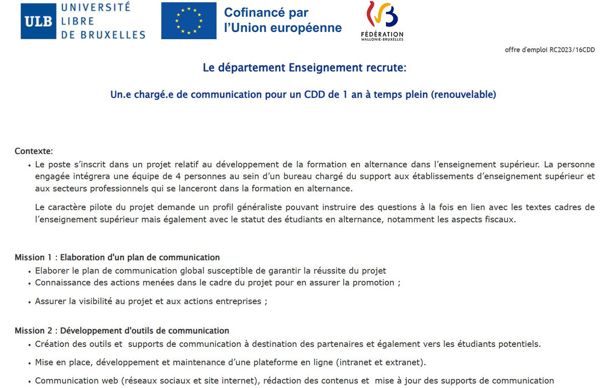 CampusUCharleroi (@charleroi_u) on Twitter photo 🔔Job Alert 🔔
Le département Enseignement de l'<a href="/ULBruxelles/">Université libre de Bruxelles</a> recrute pour le <a href="/charleroi_u/">CampusUCharleroi</a> :
👉Un⸱e chargé⸱e de communication : efficy.ulb.ac.be/public/guest?p…...
&
👉Un⸱e conseiller⸱ère juridique : efficy.ulb.ac.be/public/guest?p…... 🔔Job Alert 🔔
Le département Enseignement de l'<a href="/ULBruxelles/">Université libre de Bruxelles</a> recrute pour le <a href="/charleroi_u/">CampusUCharleroi</a> :
👉Un⸱e chargé⸱e de communication : efficy.ulb.ac.be/public/guest?p…...
&
👉Un⸱e conseiller⸱ère juridique : efficy.ulb.ac.be/public/guest?p…...