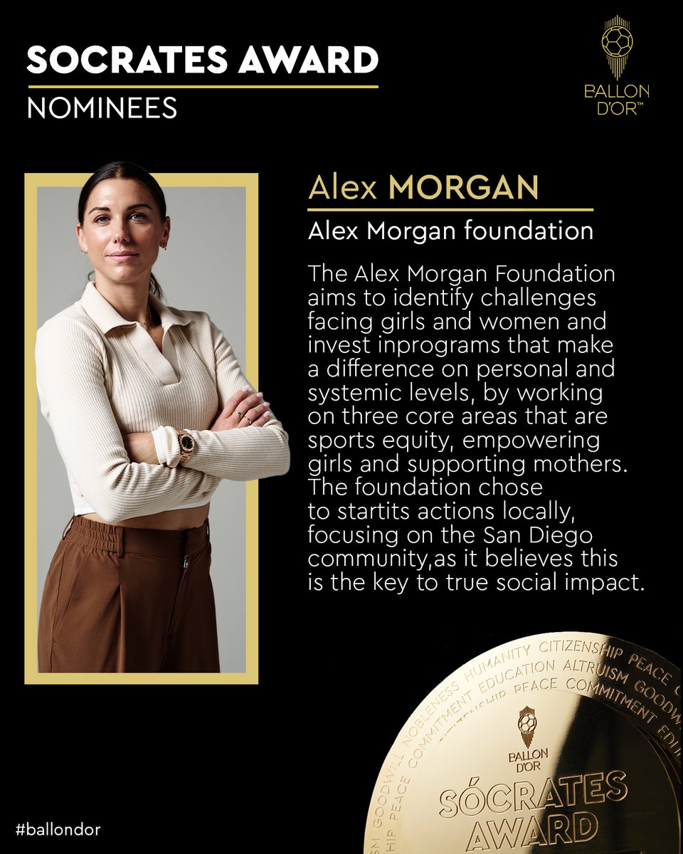 Nominated for the Socrates Award with @peaceandsport. @alexmorgan13 for the Alex Morgan Foundation #ballondor #PrixSocrates