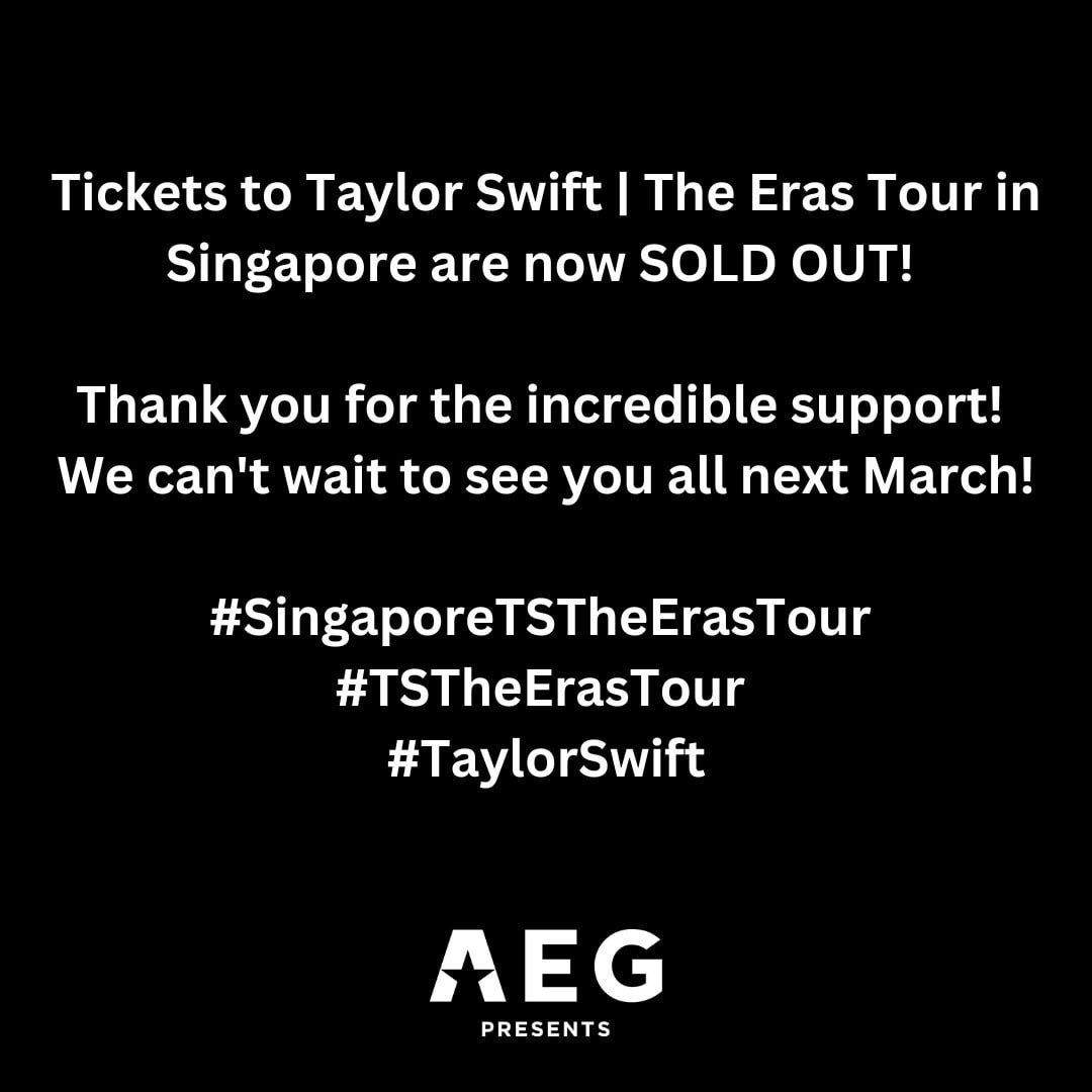 aegpresentsasia's tweet image. Tickets to Taylor Swift | The Eras Tour in Singapore are now SOLD OUT! 🥳 

Thank you for the incredible support! We can&apos;t wait to see you all next March! 💜

#SingaporeTSTheErasTour #TSTheErasTour #TaylorSwift