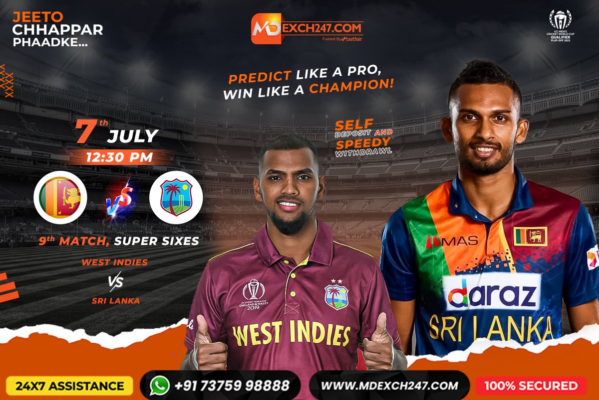 MDExch247's tweet photo. 🏏🌍 ICC Men's Cricket World Cup Qualifier Play-off 2023 🏆
📅 July 7th, 12:30 PM ⌚️
🌴 West Indies vs. 🇱🇰 Sri Lanka 🏏
9th Match, Super Sixes 💥
.
#CricketWorldCupQualifier #RoadToCWC #WestIndiesvsSriLanka #SuperSixesThriller
. https://t.co/vEElqtZsNP