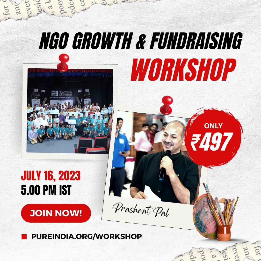 PUREIndiaTrust's tweet image. 𝗢𝗻𝗹𝗶𝗻𝗲 𝗡𝗚𝗢 𝗚𝗿𝗼𝘄𝘁𝗵 &amp;amp; 𝗙𝘂𝗻𝗱𝗿𝗮𝗶𝘀𝗶𝗻𝗴 𝗪𝗼𝗿𝗸𝘀𝗵𝗼𝗽

📅 𝗗𝗮𝘁𝗲: 16th July, 2023
⏰ 𝗧𝗶𝗺𝗲: 5 PM - 7 PM

📝 𝗥𝗲𝗴𝗶𝘀𝘁𝗲𝗿 𝗛𝗲𝗿𝗲: pureindia.org/workshop

#ngofunding #csrfunds #fundsforngos #ngogrowth #crowdfunding #ngofundraisingworkshop