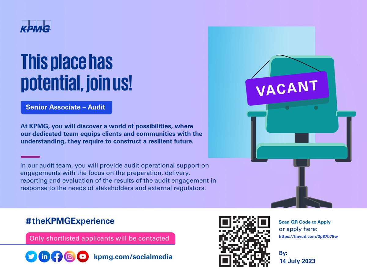 KPMG_GH's tweet photo. Don't miss this exciting career opportunity!

Apply now to join our Audit Team using this link: https://t.co/kJpy0qMOPe or scan the QR code.

The deadline is 14 July 2023.

#KPMG #JoinKPMG https://t.co/KIioyGbZRp