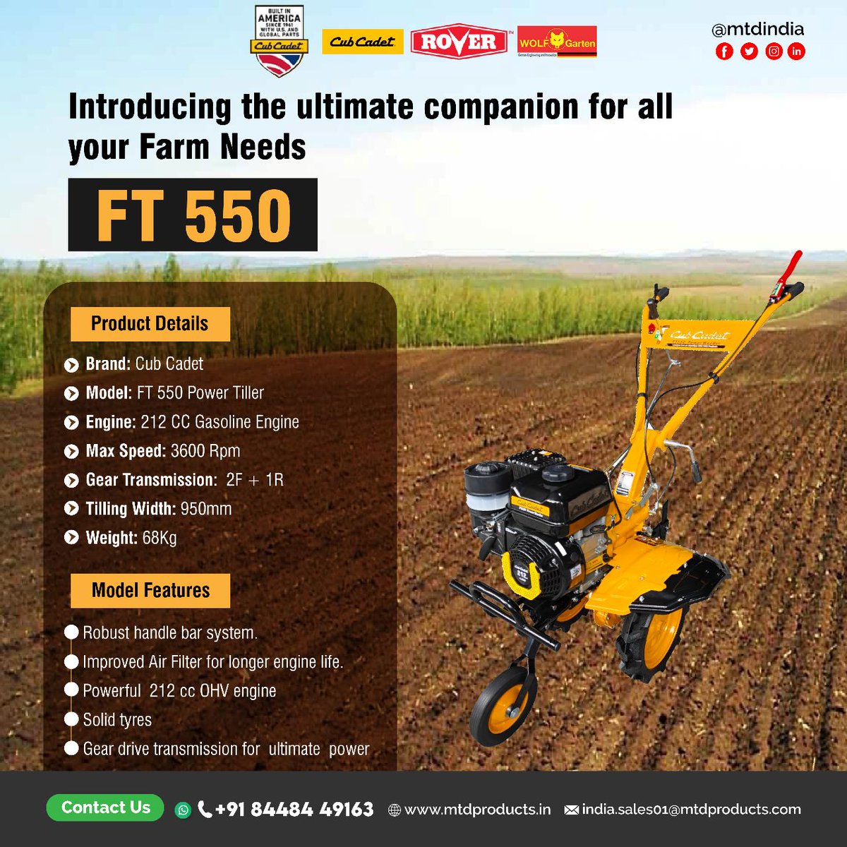 MTDINDIA2's tweet image. Introducing the ultimate companion for all your farm needs #FT550.

To know more details about the products
Contact: +91 844 844 9163
Website: mtdproducts.in

#powertiller #farmingtool #outdoormachines #groundbreaking #cubcadet #rover #wolfgarten #tillingwork #easytouse