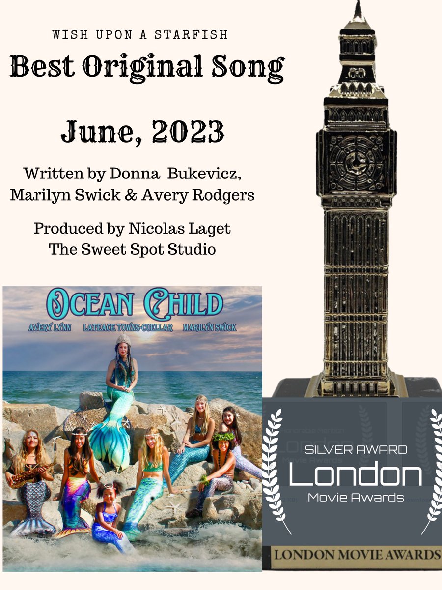 marilynswick's tweet photo. TWO MORE WINS for BEST ORIGINAL SONG! Thank you to our musical team, my co-writers Donna Bukevicz, Avery Lynn and our incredible music producer &amp;  arranger Nicolas Laget featuring Avery on lead vocals with BGV’s by Donna.  #OCEANCHILD #WISHUPONASTARFISH #MERMAIDS https://t.co/wEWfewvDB7