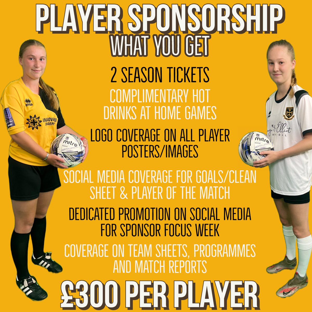 NortonLadies's tweet photo. 𝓟𝓛𝓐𝓨𝓔𝓡 𝓢𝓟𝓞𝓝𝓢𝓞𝓡

Player Sponsorship is £300 for the season with many benefits including 2 season tickets and constant brand exposure through social media and match reports. https://t.co/brmPIwM69V