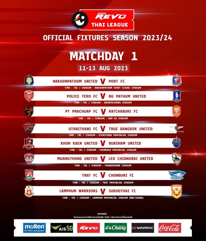 ThaiFootballDB's tweet photo. 2023-2024 Thai league 1 fixture, matchday 1. https://t.co/dDMjBnvuBK