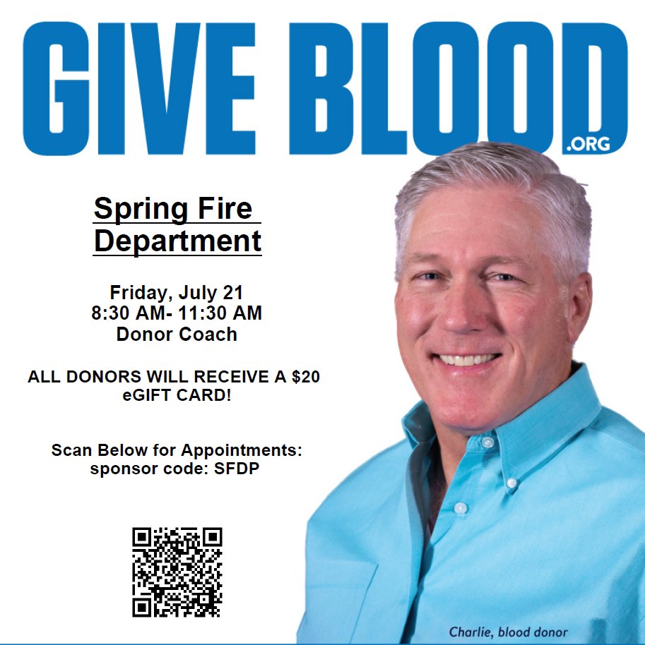 Springfdtx's tweet photo. Our #springfirefamily knows what it means to save lives. Join us when the @commitforlife bloodmobile comes to Spring Fire Station 71 on Louetta in July. Sign up today to give a life-saving pint and receive a $20 gift card and a Spring Fire grab bag: https://t.co/H3COqENNkG https://t.co/0Sw8zPBATC