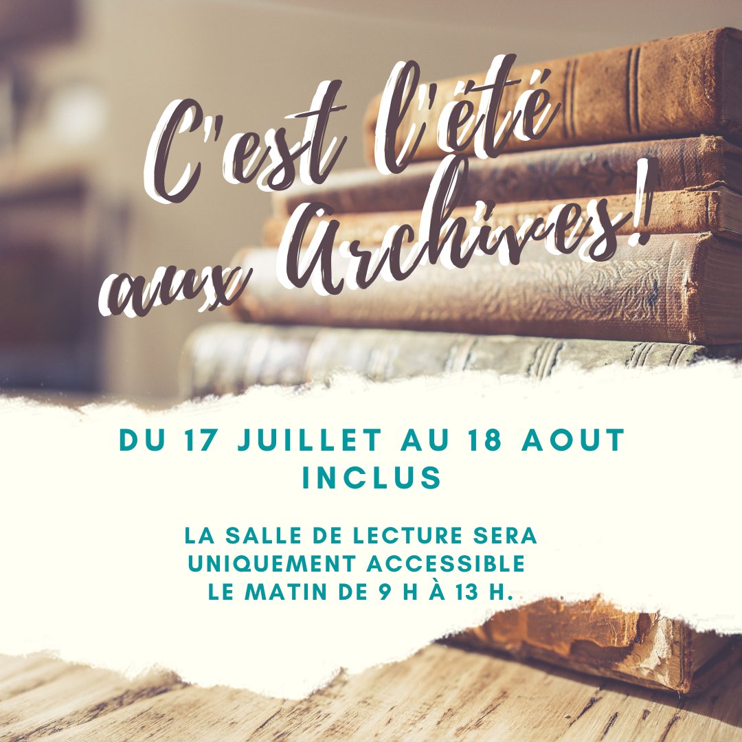 #summer2023 #horaires #été 
📅 Du lundi 17 juillet au vendredi 18 août inclus, les <a href="/ArchivesStras/">Archives Strasbourg</a> passent à l'heure d'été ! 

⚠️⚠️ La salle de lecture ne sera accessible que le MATIN de 9h à 13h !

👉Le standard☎️reste joignable au 0368985110 du lundi au vendredi, de 9h à 17h.