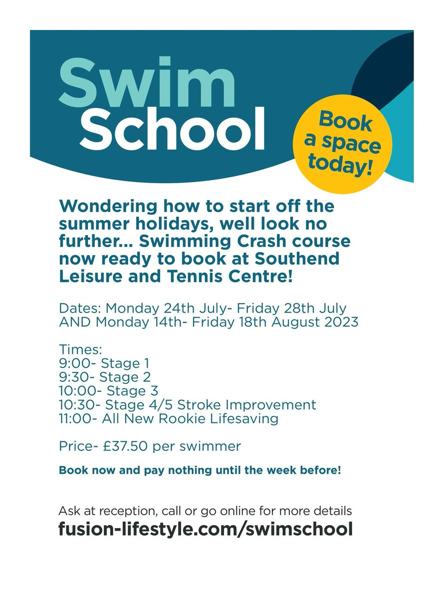Make a splash this Summer in our crash courses in July and August! 💦
Details are below, and our Crash courses can be booked in person at reception today!